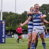 Lachlan Walmsley celebrates scoring the try that sent Halifax Panthers to Wembley