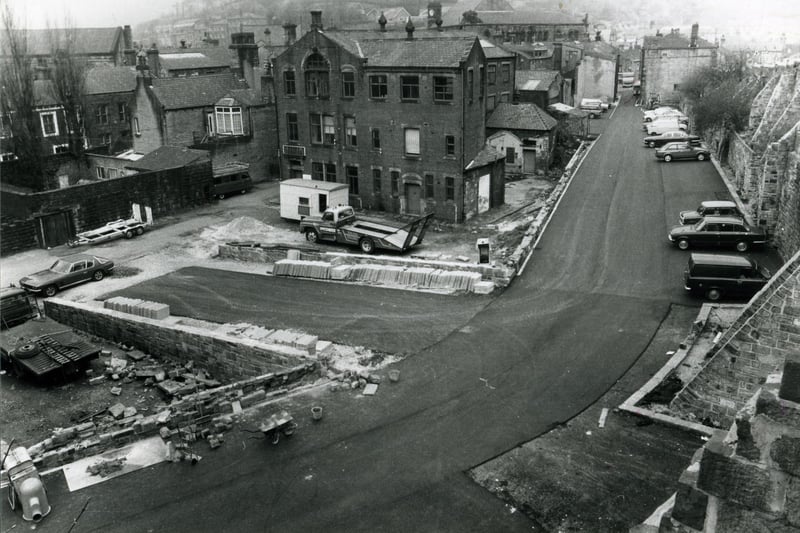 The New Garden Street car Park at Hebden Bridge during the final phases of its construction in March 1981