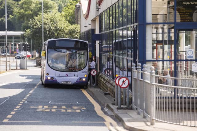 A view of a bus at Brighouse bus station