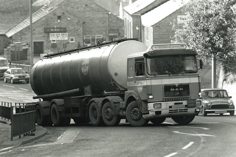 This picture shows a water tanker struggles to get up Salterhebble Hill in 1995.