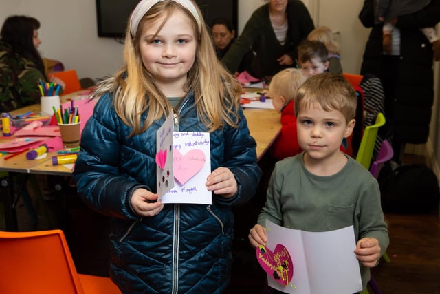 Valentine's Day card marking and crafts event at The Piece Hall, Halifax. Pictured are Elijah and Freya Burgin