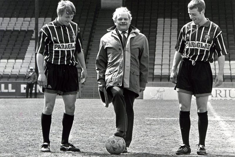 David Jason at the Shay for filming of 'A Touch of Frost' is pictured with Halifax Town players David German (left) and Billy Barr in the 1990s.