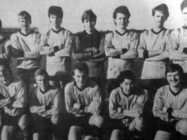 Portsmouth Dockyard League. Back (from left): Andy Dean, Steve Steckler, Cliff Emmans, Gary Dean (player-manager), Brad Ferrett, Terry Stecker. Front: John Ellis, Michael James, Barry Gould, Willy Mann, Steve Chambers