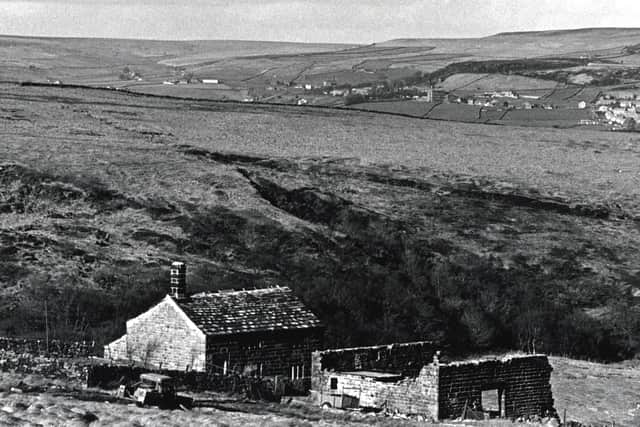 Flashback image showing Bell House farm, Cragg Vale (left) the former home of the Cragg Vale Coiners and Bell House Barn (right)