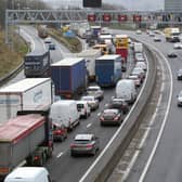 Traffic queues on the M62 Westbound towards Brighouse.