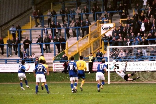 Craig Midgley converts a penalty for Halifax against Leek in the FA Cup, October 30, 2004