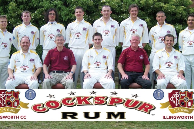 Illingworth CC first team pictured in 2009. Back Row - Chris Bishop, Chris Goulden, Luke Brooksby, Alex Lees, Richard Dixon, Graham Hall, Stef Strydom, Jon Bishop. Front Row -  Mark Fellows, Andrew Smith (President), Richard Farrell Smith (Capt), Dennis Verity (Chairman), Alex Ledger. Niall Lockley was absent.