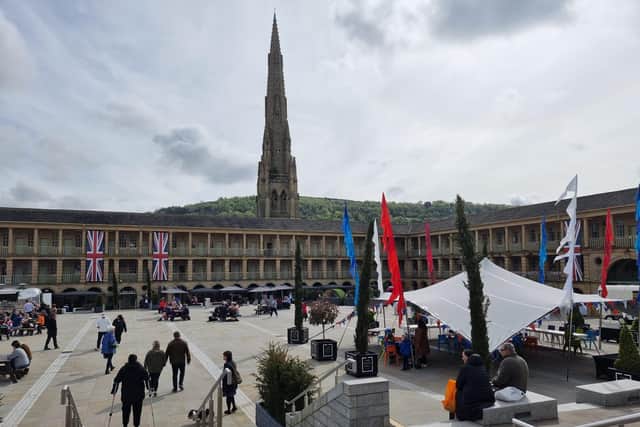 Crowds arriving at the Piece Hall for today's Coronation celebrations