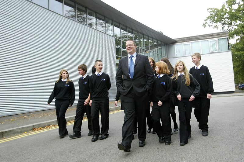 New headteacher Anthony Smith with students at Hipperholme and Lightcliffe High School in 2009.