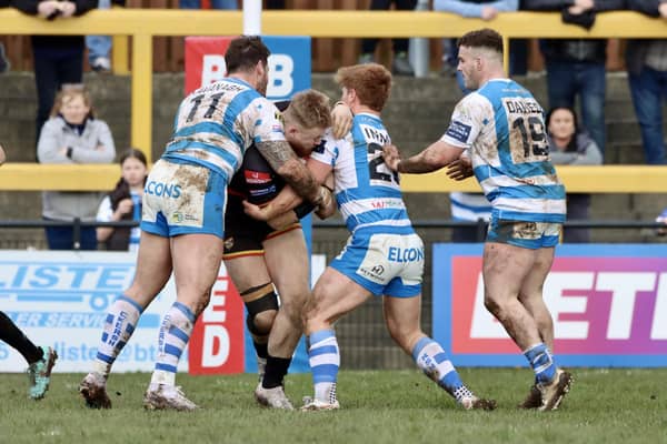 Halifax Panthers in action defensively at Dewsbury Rams in their opening league game last Sunday. Photo by Thomas Fynn.