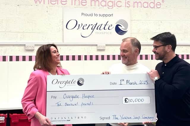 Yorkshire Soap Company hand over a £10,000 donation to Overgate Hospice
