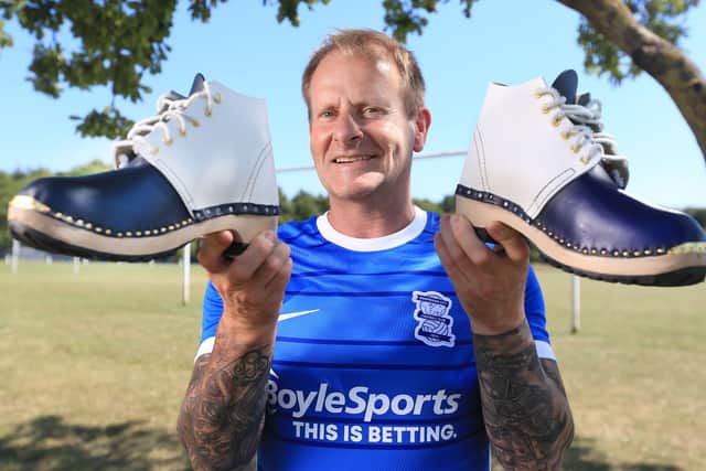 Picture: Lorne Campbell / Guzelian 
Steve Rowley of Sleaford, Lincolnshire, with his clogs made in the colours of Birmingham City Football Club.
PICTURE TAKEN ON WEDNESDAY 10 AUGUST 2022