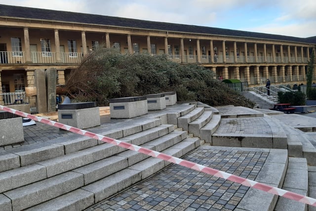 The huge Christmas tree at Halifax's Piece Hall was brought down by strong winds
