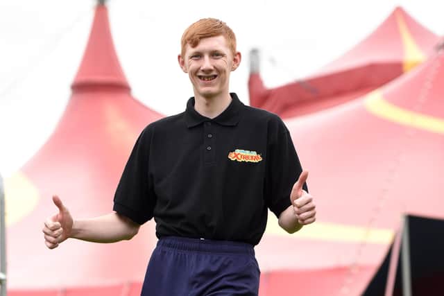 Amputee Nathan Bland, 24, from Halifax, outside the big top after making it across the high wire at Circus Extreme