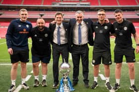 From left: Jack Drewery, Aaron Scholes, Andy Cooper, Chris Millington, Calum McLeod and Paul Oakes after the club's FA Trophy final win at Wembley against Gateshead in May 2023