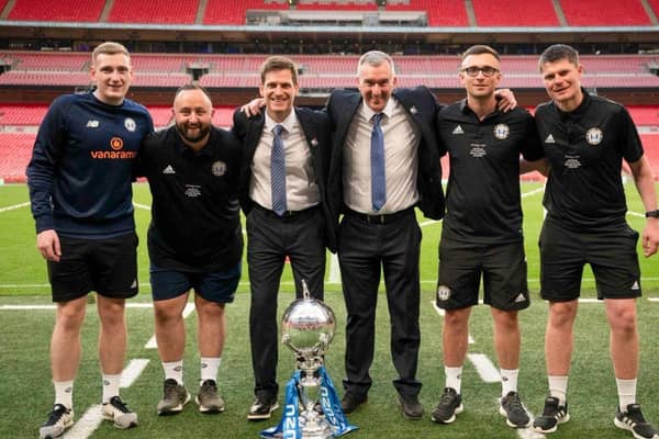 From left: Jack Drewery, Aaron Scholes, Andy Cooper, Chris Millington, Calum McLeod and Paul Oakes after the club's FA Trophy final win at Wembley against Gateshead in May 2023