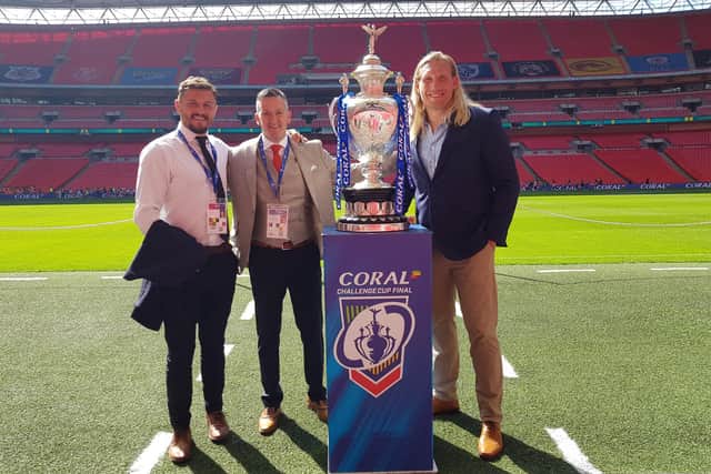 Pete at Wembley with rugby league stars Jon Wilkin and Eorl Crabtree