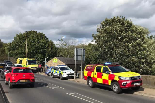Emergency services at Elland Bridge this afternoon
