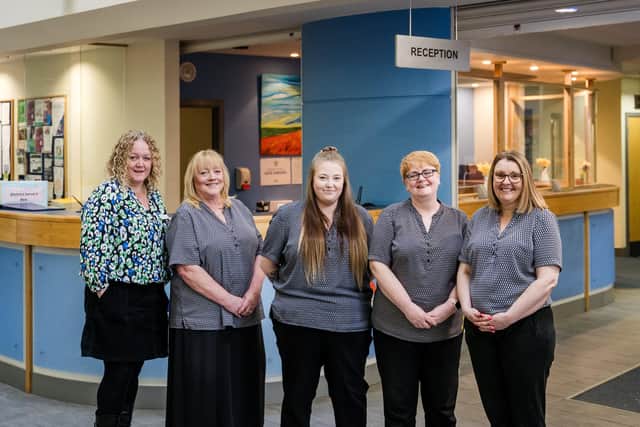 Todmorden Group Practice administration staff – from left to right – Tracy Wilson (practice manager), Administrators, Elaine Piszkalo, Alyssia Hudson, Ellanna Parry, and Yvette Jarman. Photograph: Todmorden Group Practice