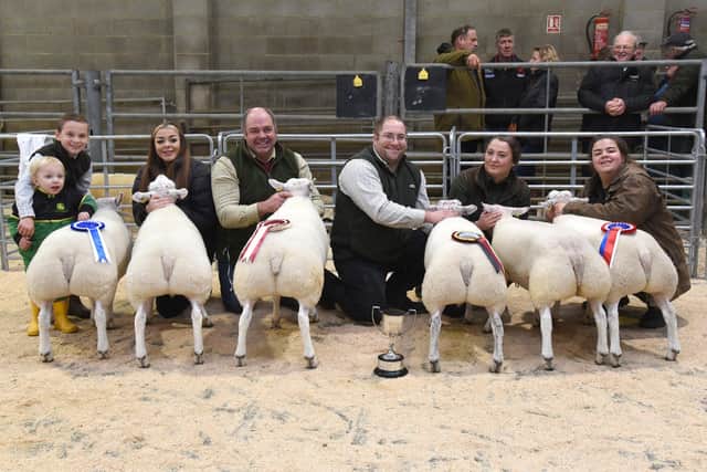 Members of the Leach family with their supreme champion and reserve supreme lambs at Skipton Auction Mart’s annual Christmas show. From left are two-year-old George, ten-year-old Charlie, who also stood young handlers supreme champion, oldest daughter Abbie, Adrian Leach and brother Rowan with his partner Tia and another daughter Rosie. Picture: Adrian Legge Photography