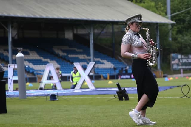 Ellie Sax performs at The Shay ahead of Halifax Panthers' Challenge Cup tie with St Helens last year. She will be delivering another performance at Fax's home game with Catalans Dragons this Sunday. Photo by Simon Hall.