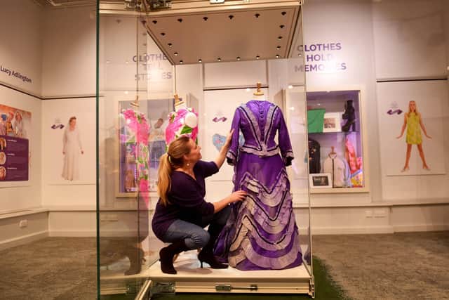 Author and fashion historian Lucy Adlington pictured with her exhibition called Opening the Wardrobe at Bankfield Museum, Halifax. Picture by Simon Hulme