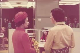 The Queen is shown around the new head office of the Halifax Building Society in Trinity Road, Halifax, in 1974 by Halifax employee Barbara Savage (nee Metcalfe).