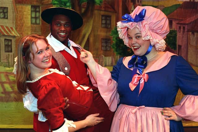 Cinderella stars at the Victoria Theatre, Halifax, "Rhino" from Gladiators, Mark Smith, as Ryan the Muscateer,  Laur Medforth as Cinders, and Lisa Riley, Mandy Dingle from Emmerdale as Fairy Jingle.