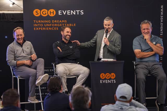 Interviewing Sir Gareth Southgate with former England footballer Lee Dixon and ex All Black Zinzan Brooke watching.