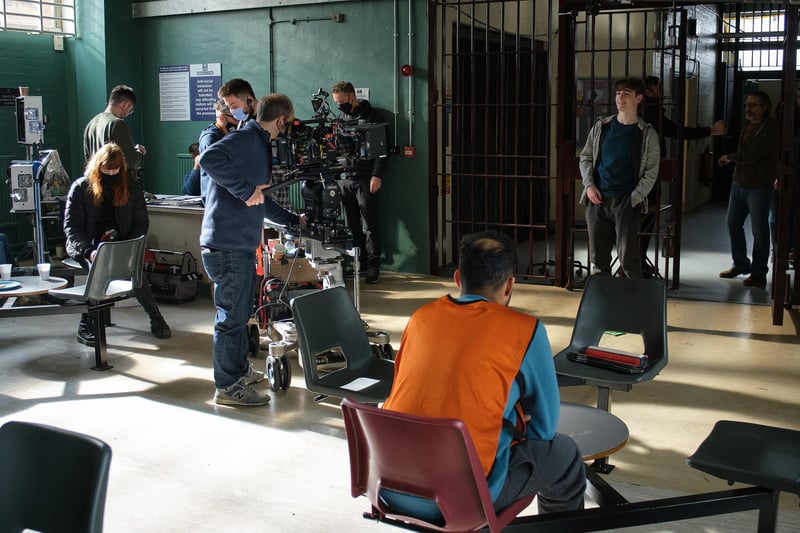 Rhys Connah filming prison scenes.