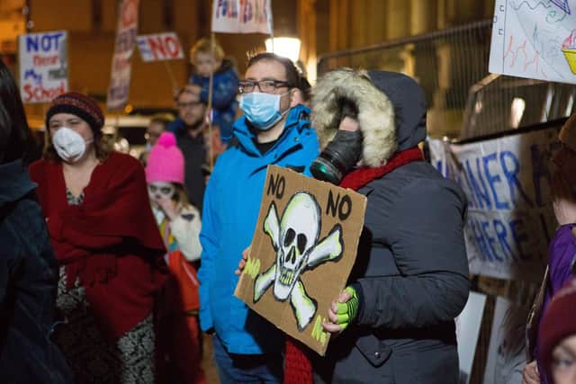 Flashback: Demonstrators, pictured outside Halifax Town Hall in 2017,  protest over Calder Valley Skip Hire Ltd's plans to create a small waste incinerator plant in Sowerby Bridge.