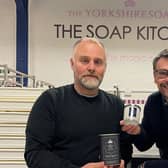Marcus Doyle (left) and Warren Booth (right) with the Happy Valley candle created by The Yorkshire Soap Company