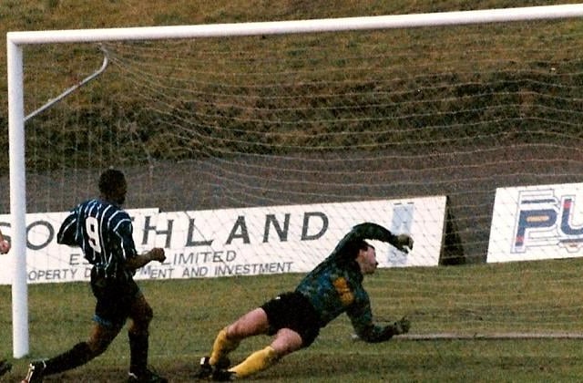 Colin Lambert puts Halifax ahead against Runcorn, January 15, 1994. Photo: Keith Middleton