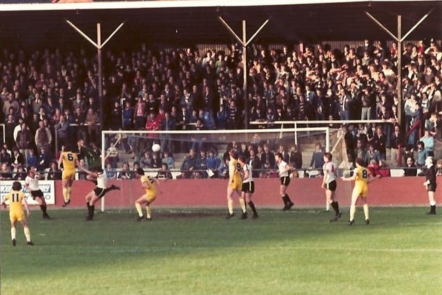 Chris Dunleavy heads Town's second goal against Hereford, November 4, 1978