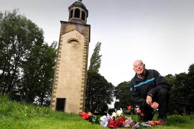 Ian Philp from the Friends group pictured by the grave of Ann Walker at Lightcliffe Tower.