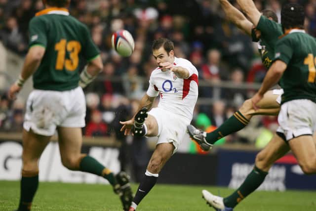 Charlie Hodgson of England clears the ball upfield during the Investec Challenge match between England and South Africa at Twickenham on November 20, 2004