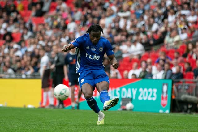Milli Alli in action for FC Halifax Town against Gateshead in the FA Trophy Final at Wembley Stadium.