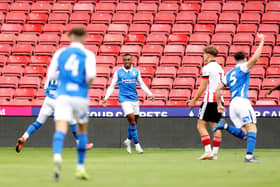 SHEFFIELD, ENGLAND - MAY 24: Adan George of Birmingham City celebrates after scoring their side's first goal during the Premier Development League Play Off Final match between Sheffield United U23 and Birmingham City U23 at Bramall Lane on May 24, 2021 in Sheffield, England. (Photo by George Wood/Getty Images)