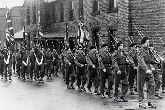 On parade: Soldiers from the Duke of Wellington regiment (the Dukes) parading at Wellesley Park Barracks, Gibbet Street, Halifax, in September 1952