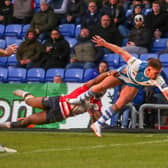 Greg Eden scores his second try in the 24-20 defeat at Oldham. (Photo by Simon Hall).