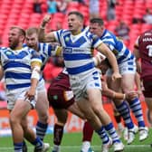 Fax celebrate Brandon Moore's try at Wembley. Photo by Simon Hall.