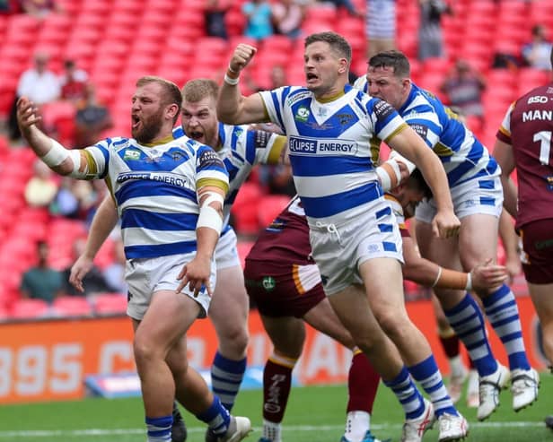 Fax celebrate Brandon Moore's try at Wembley. Photo by Simon Hall.