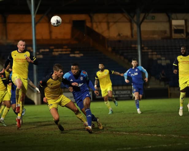 Action from Solihull's 3-1 win at The Shay in February