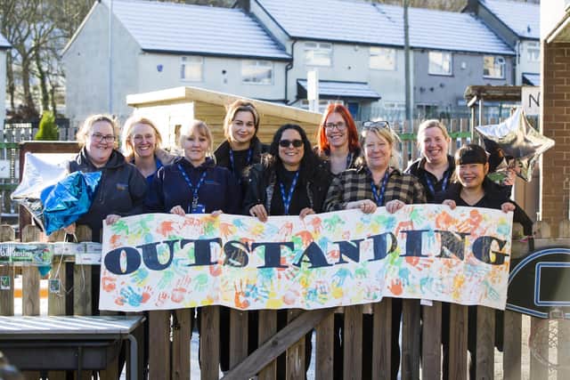 Ash Green Childrens Centre Outstanding Ofsted report. Staff, from the left: Lynn Mould, Claire France, Nicola Branter, Jade Taylor, Shona Brewer, Jackie Ashford, Sheridan Taylor, Becky Booth and Maria Hanson-Truong.