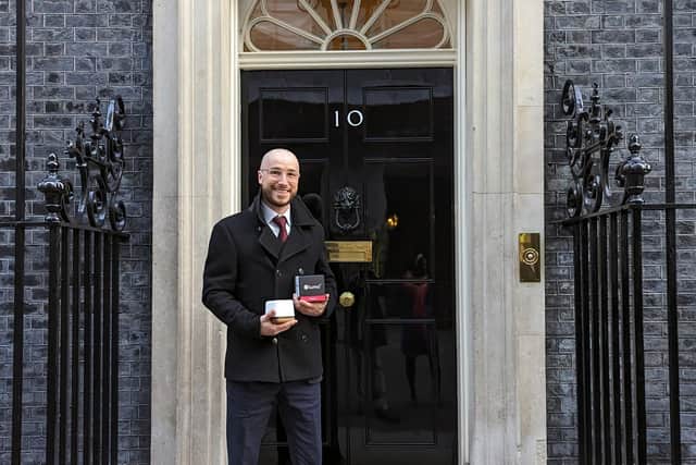 Michael Crinnion stands outside No 10 Downing Street during his recent visit to take part in a roundtable discussion on access to finance for start-ups in the UK.