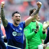 The FA Trophy Final.
FC Halifax v Grimsby Town.
Halifax's Matty Brown celebrates.
22nd May 2016.
Picture : Jonathan Gawthorpe
