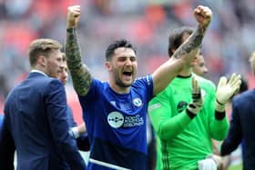 The FA Trophy Final.FC Halifax v Grimsby Town.Halifax's Matty Brown celebrates.22nd May 2016.Picture : Jonathan Gawthorpe