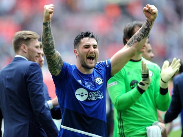 The FA Trophy Final.FC Halifax v Grimsby Town.Halifax's Matty Brown celebrates.22nd May 2016.Picture : Jonathan Gawthorpe