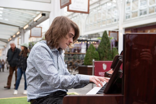 Pianist in Westgate Arcade for launch of Culturedale in Halifax