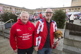 King Charles III Coronation celebrations at The Piece Hall, Halifax. Pictured are Andrew Gregson, left, and Stewart Sayers with Snoopy
